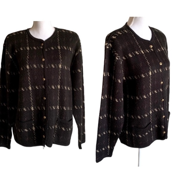 VINTAGE CARDIGAN SWEATER GOLD TONE BUTTON FRONT BLACK PATTERN SIZE XL - Picture 5 of 8